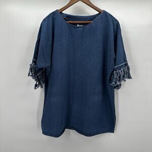 Alfredos Wife Top Womens Large Blue Denim Fringe‎ Vintage Art Chambray
